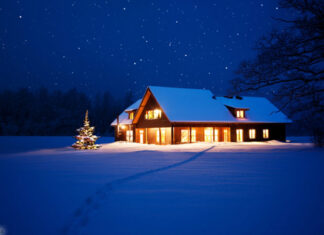 Haus mit Schnee in der Nacht