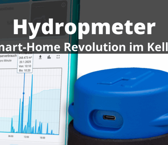 Digitaler Wasserzähler mit Smartphone App auf der linken Seite