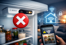 digitaler K&uuml;hlschrank mit Smartphone im Vordergrund