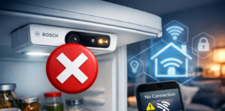 digitaler K&uuml;hlschrank mit Smartphone im Vordergrund