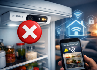 digitaler K&uuml;hlschrank mit Smartphone im Vordergrund