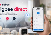 Vorstelllung zigbee direct - Smartphone rechts im Bild, unten Ger&auml;te