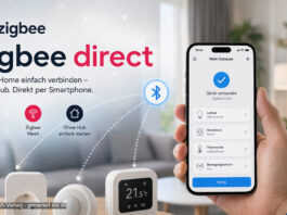 Vorstelllung zigbee direct - Smartphone rechts im Bild, unten Ger&auml;te