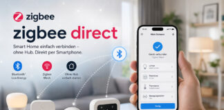 Vorstelllung zigbee direct - Smartphone rechts im Bild, unten Ger&auml;te