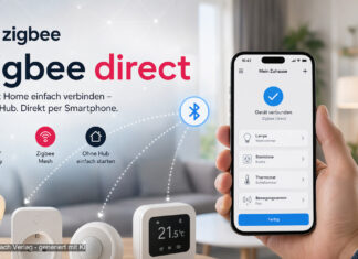 Zigbee Direct: Smart Home ohne Hub einfacher einrichten Vorstelllung zigbee direct - Smartphone rechts im Bild, unten Geräte
