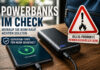 Powerbank mit Smartphone und Warnung vor Gef&auml;hrlichkeit