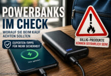 Powerbank mit Smartphone und Warnung vor Gef&auml;hrlichkeit