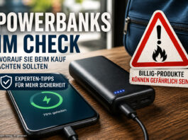 Powerbank mit Smartphone und Warnung vor Gef&auml;hrlichkeit