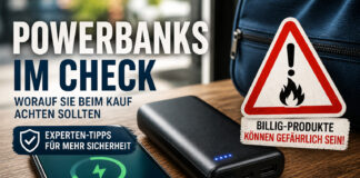 Powerbank mit Smartphone und Warnung vor Gef&auml;hrlichkeit