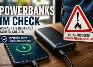 Powerbanks im Test: TÜV SÜD warnt vor Billig-Modellen Powerbank mit Smartphone und Warnung vor Gefährlichkeit
