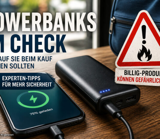 Powerbanks im Test: TÜV SÜD warnt vor Billig-Modellen Powerbank mit Smartphone und Warnung vor Gefährlichkeit