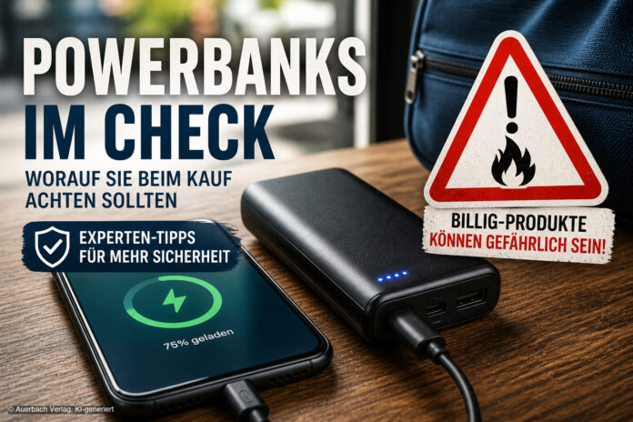 Powerbank_Vorsicht Powerbank mit Smartphone und Warnung vor Gefährlichkeit