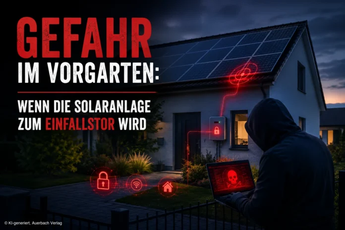 Gefahr-Hacker-Solaranlagen Hacker sitzt im Vorgarten zur Übernahme einer Solaranlage